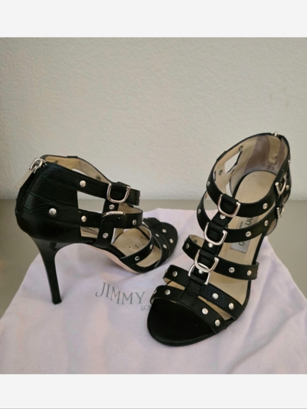 Jimmy Choo Black Leather Silver Studded Strappy Stiletto Heels EU 39, Fits US 8 - Picture 3 of 13